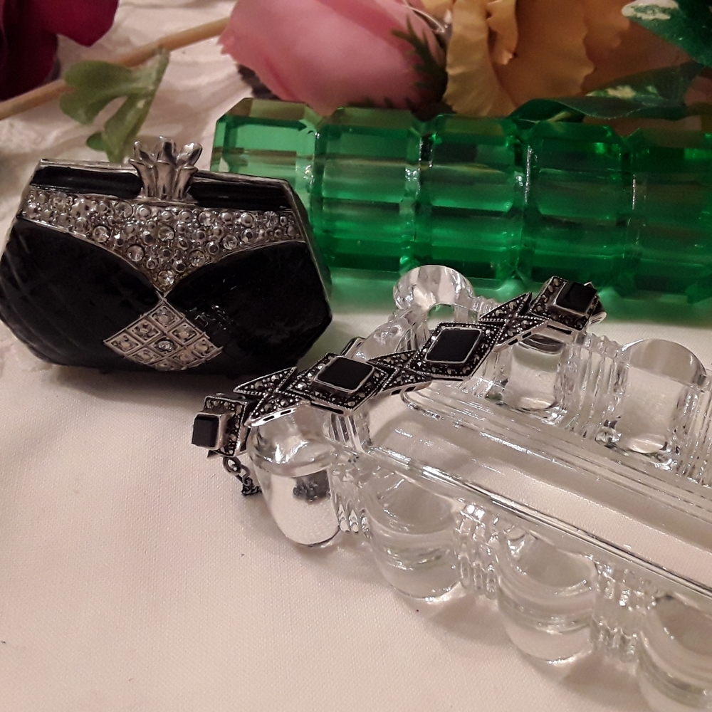 VTG. 925 STERLING MARCASITE & ONYX LINK BRACELET - Picture 6 of 8